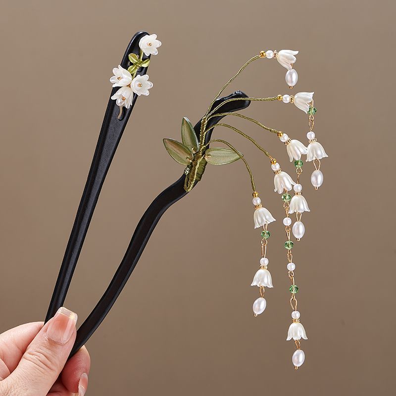 Florist Supplies - スズランの花の葉模造パールロングフリンジアクリルヘアスティック女性用ヴィンテージヘアピンヘアアクセサリー