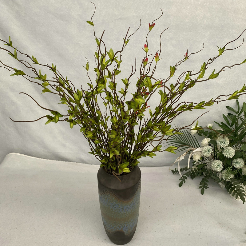 Branch Curly Willow - 112cm、3本セット。人工のカーリーウィローの枝、シルク製の緑の葉、造花。家庭用花瓶、結婚式の装飾、リビングルームの装飾に。
