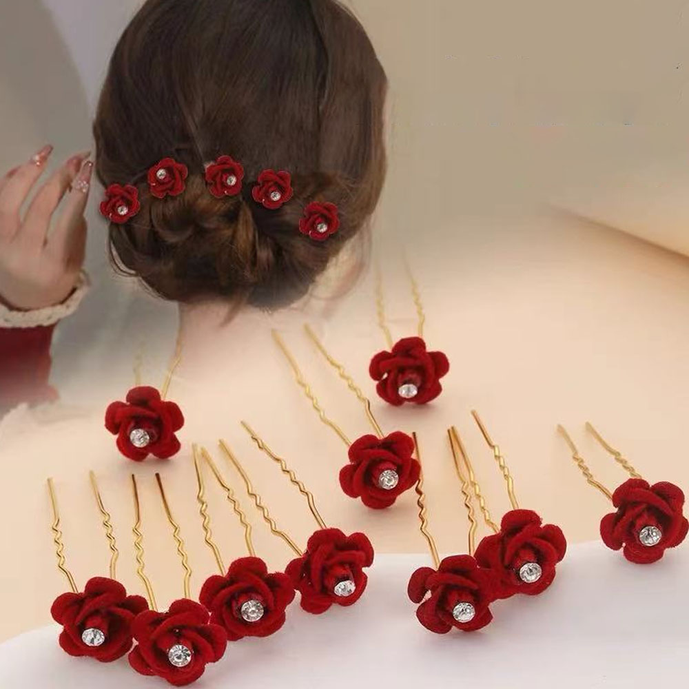 Florist Supplies - 10 個ローズヘアアクセサリー結婚式の花嫁のヘアピン花のヘアクリップレッドベルベットクリップ女性のためのエレガントなピンダイヤモンドバレッタ