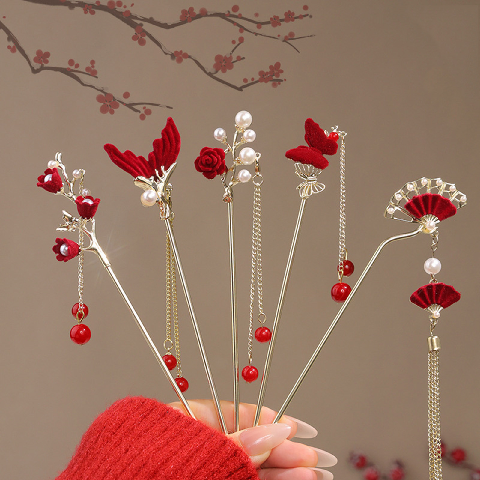 Florist Supplies - 中国風のバラの花のヘアスティックヘアピン女性のための赤い花のヘアコーム手作り金属合金帽子女の子ヘアアクセサリー