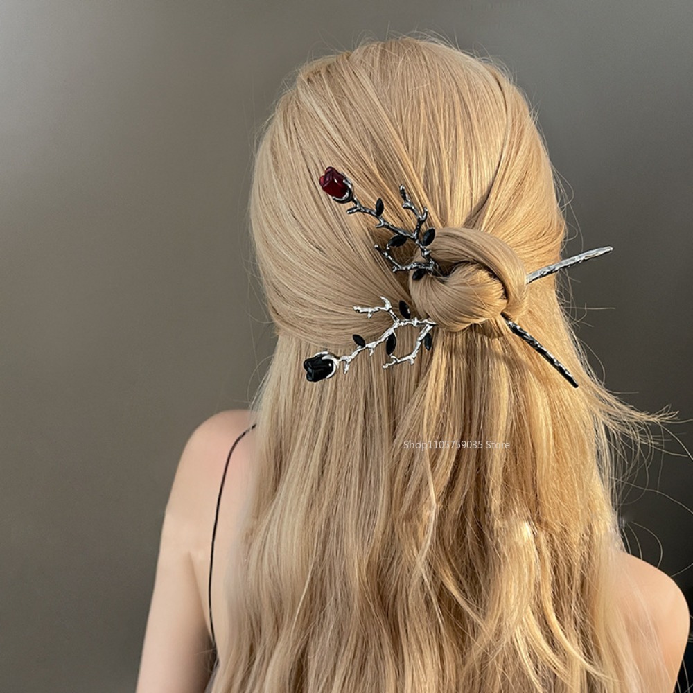 Florist Supplies - ヴィンテージメタル製赤いバラの花のヘアピン、女性用エレガントな中国風箸型ヘアスティック、ゴシックヘアアクセサリー
