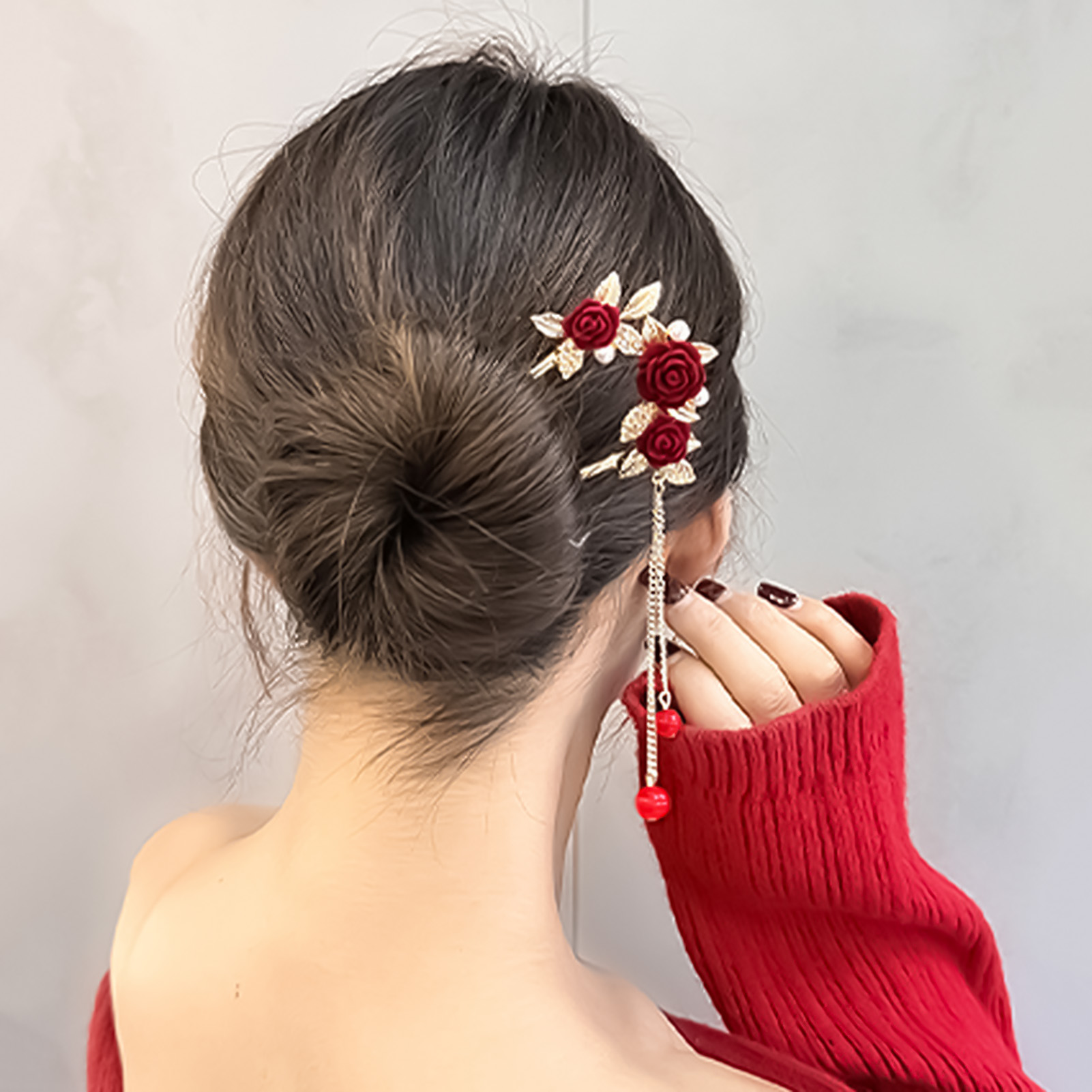 中国風のバラの花のヘアスティックヘアピン女性のための赤い花の - Florist Supplies のレビューと価格